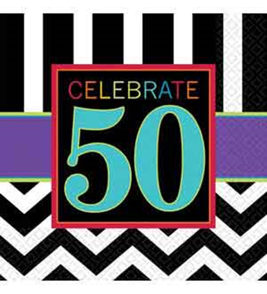 Black and white striped and chevron napkin with colorful "Celebrate 50" text in turquoise, red, and rainbow hues.