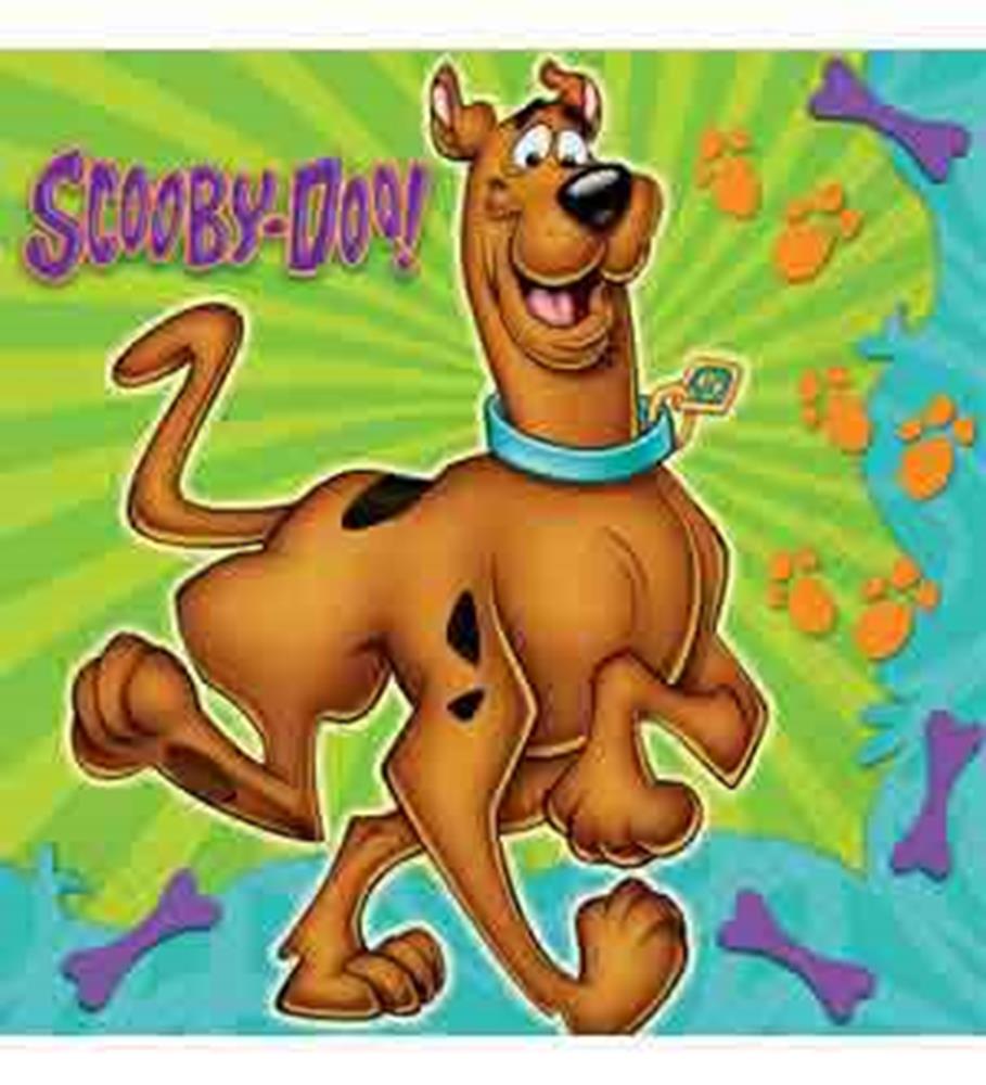 Green square luncheon napkin featuring Scooby Doo walking with blue collar and purple paw prints and bones background.