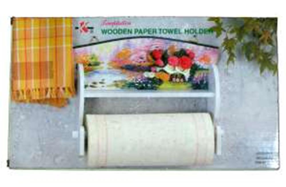 White wooden paper towel holder with floral design on top and mounted on wall next to orange plaid towel.