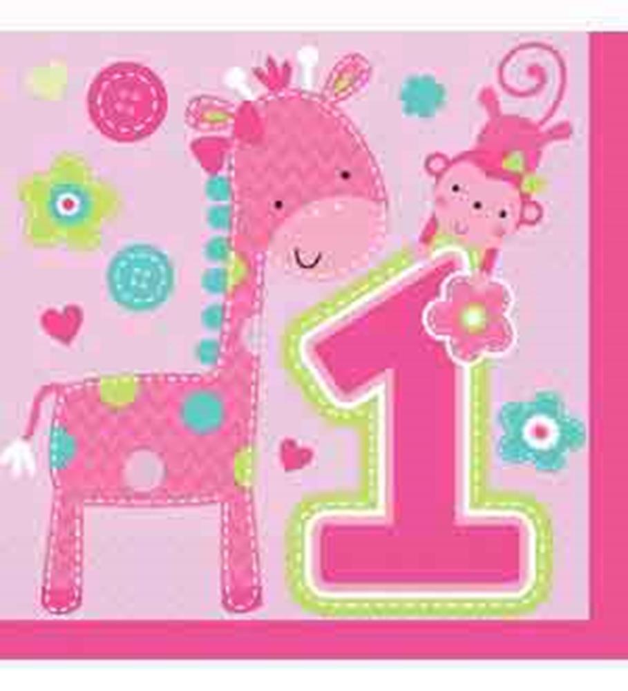 Pink napkin featuring a smiling giraffe and monkey with colorful flowers and a large number one design.