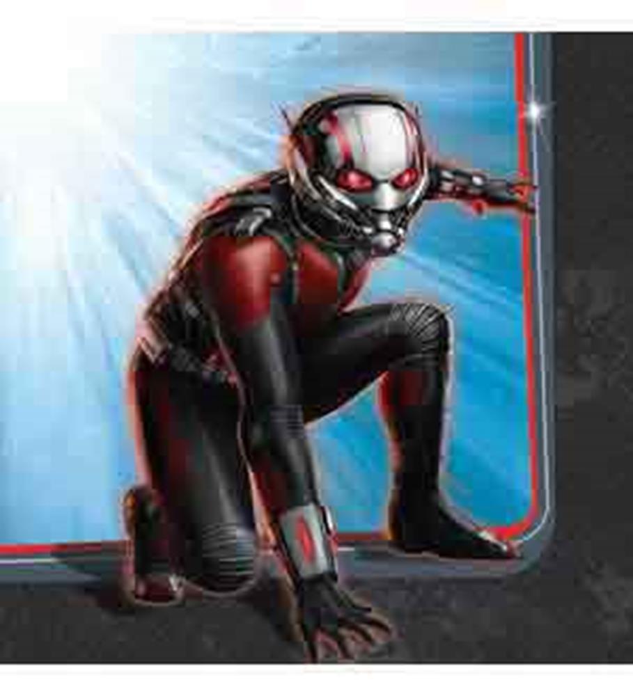 Square paper napkin with Ant-Man in red and black suit crawling, blue background with light rays.