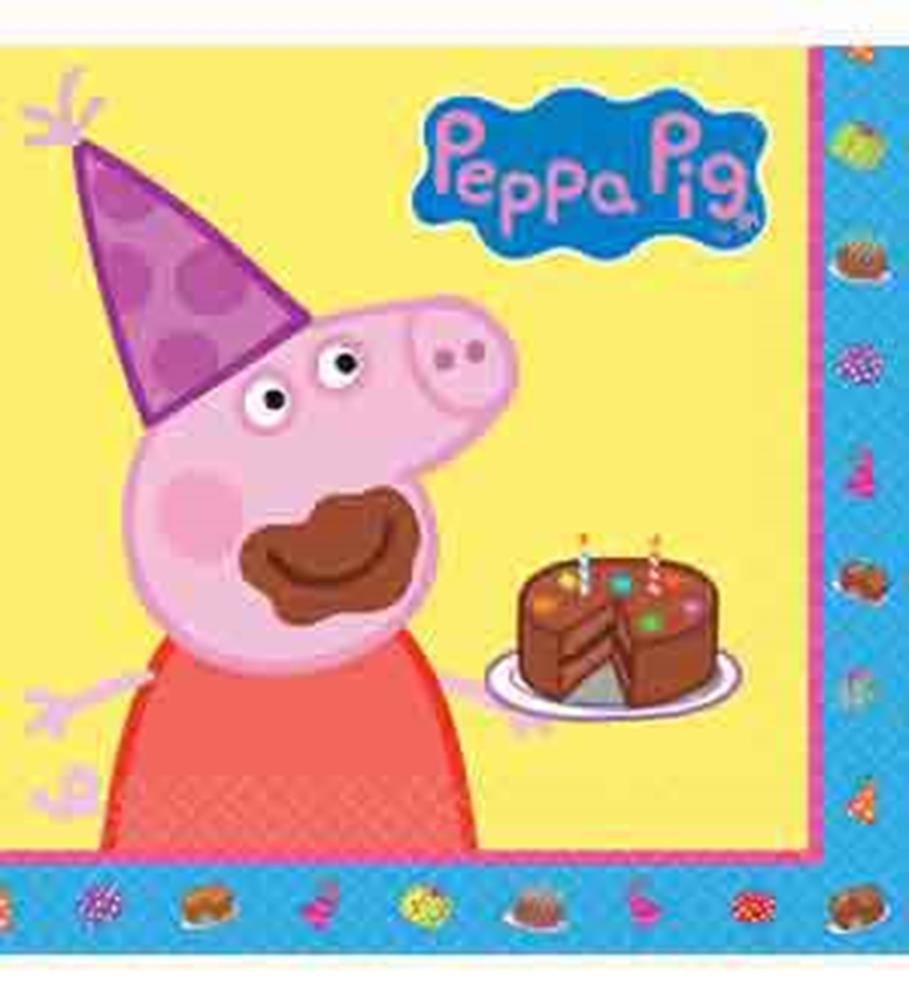 Yellow and blue Peppa Pig party napkin with Peppa wearing a purple party hat and holding a birthday cake with candles.