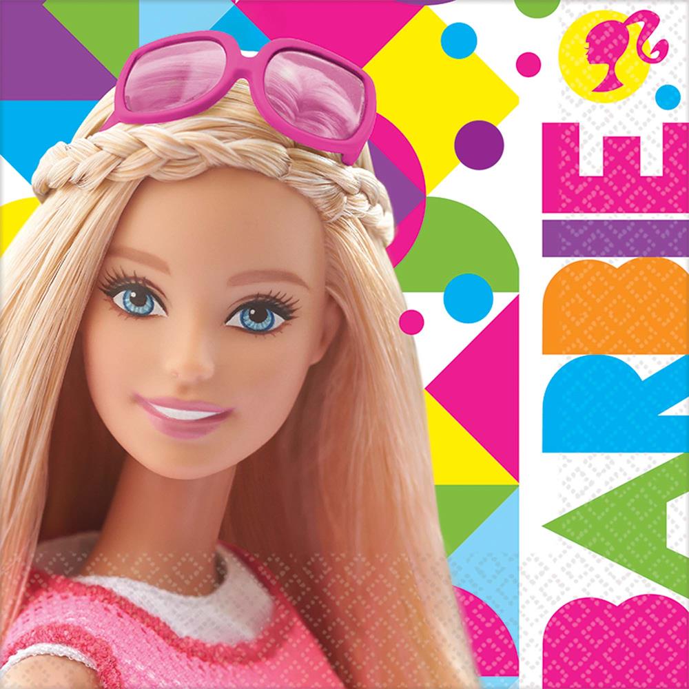 Napkin with Barbie face, blonde hair, pink sunglasses, and colorful geometric background.