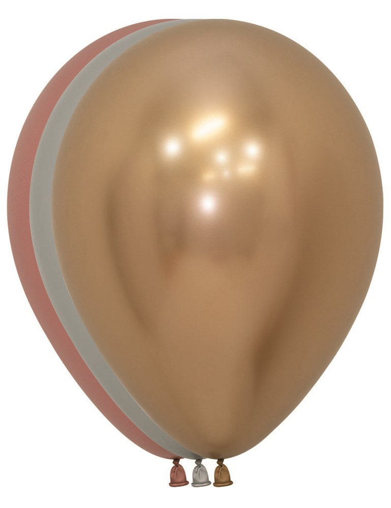Assorted 5-inch latex balloons in metallic rose gold, white, and copper colors with a glossy finish.