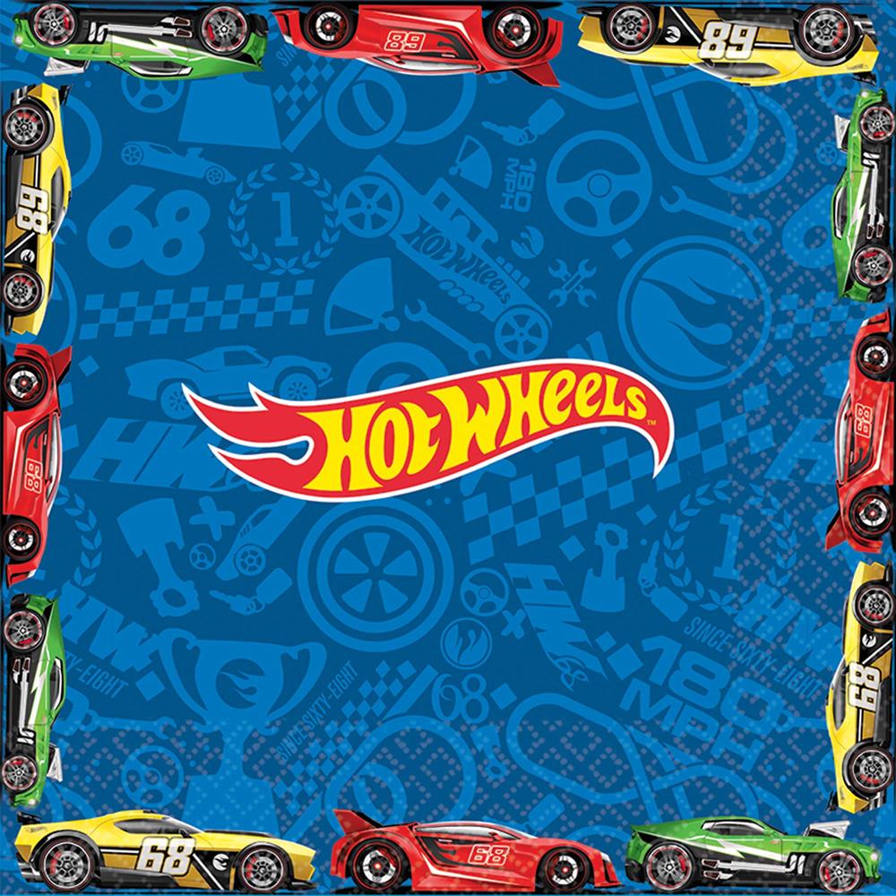 Blue square napkin with colorful Hot Wheels logo centered and racing cars around the border.