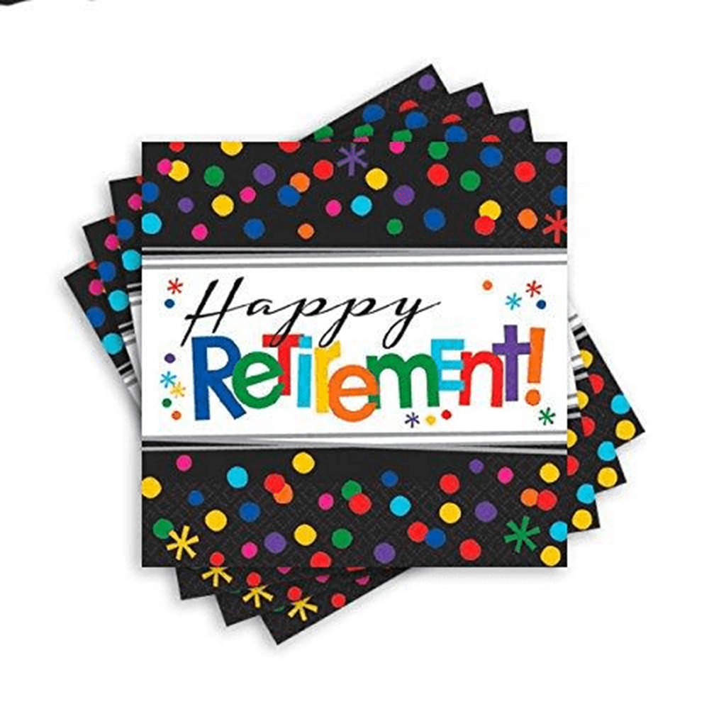 Black square luncheon napkins with colorful confetti dots and "ReTired!" in bright multi-colored letters.