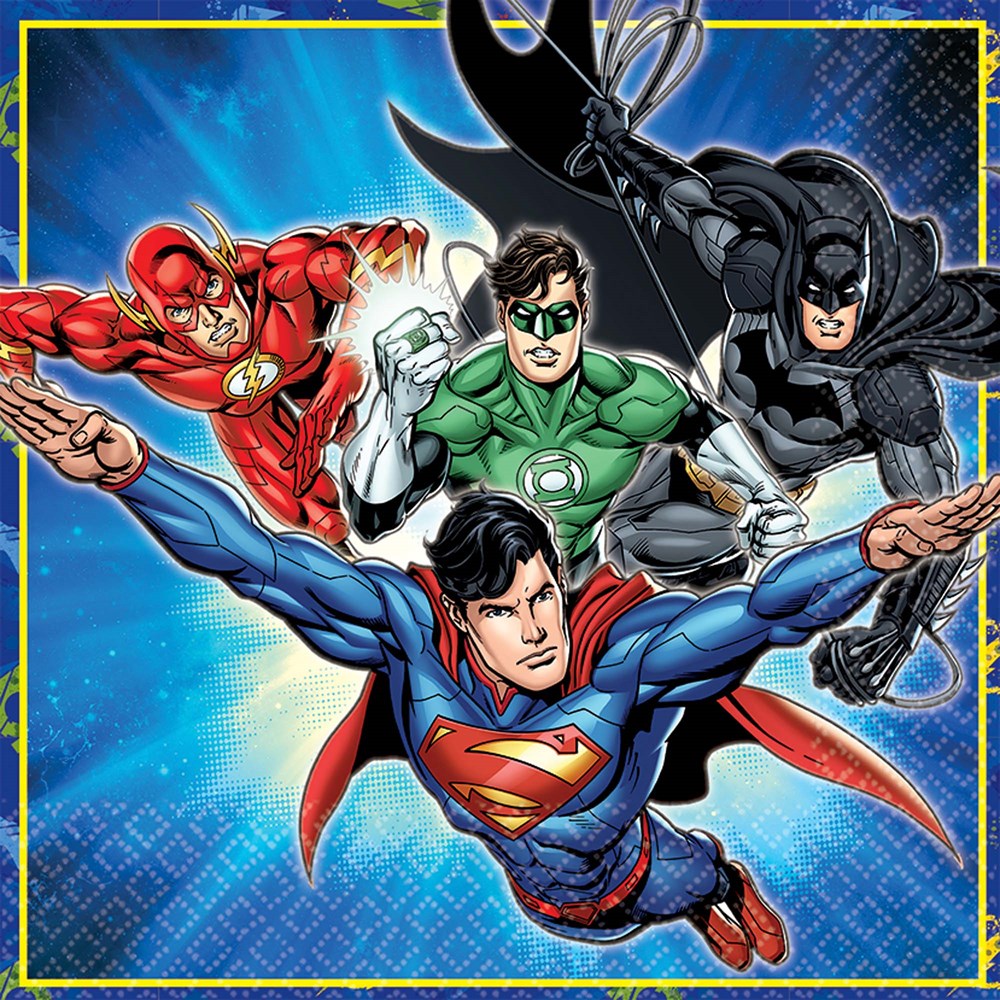 Square blue paper napkin featuring colorful illustrations of The Flash, Green Lantern, Batman, and Superman in action poses.