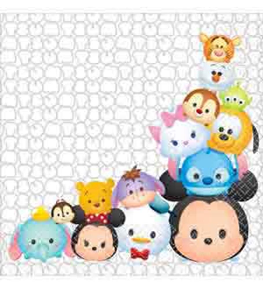 White napkin with embossed Disney Tsum Tsum character shapes and colorful Tsum Tsum characters stacked in the bottom right.