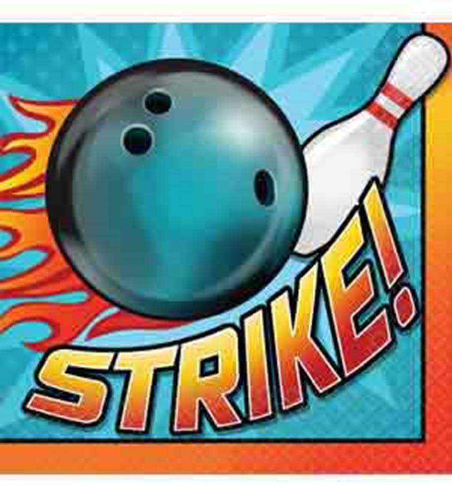 Colorful bowling-themed napkin with a black bowling ball, white pin, and "STRIKE!" text.