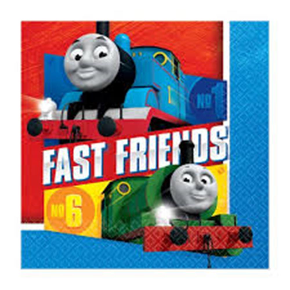 Colorful square luncheon napkins featuring Thomas the Tank Engine and a green train on a red and blue background with "Fast.