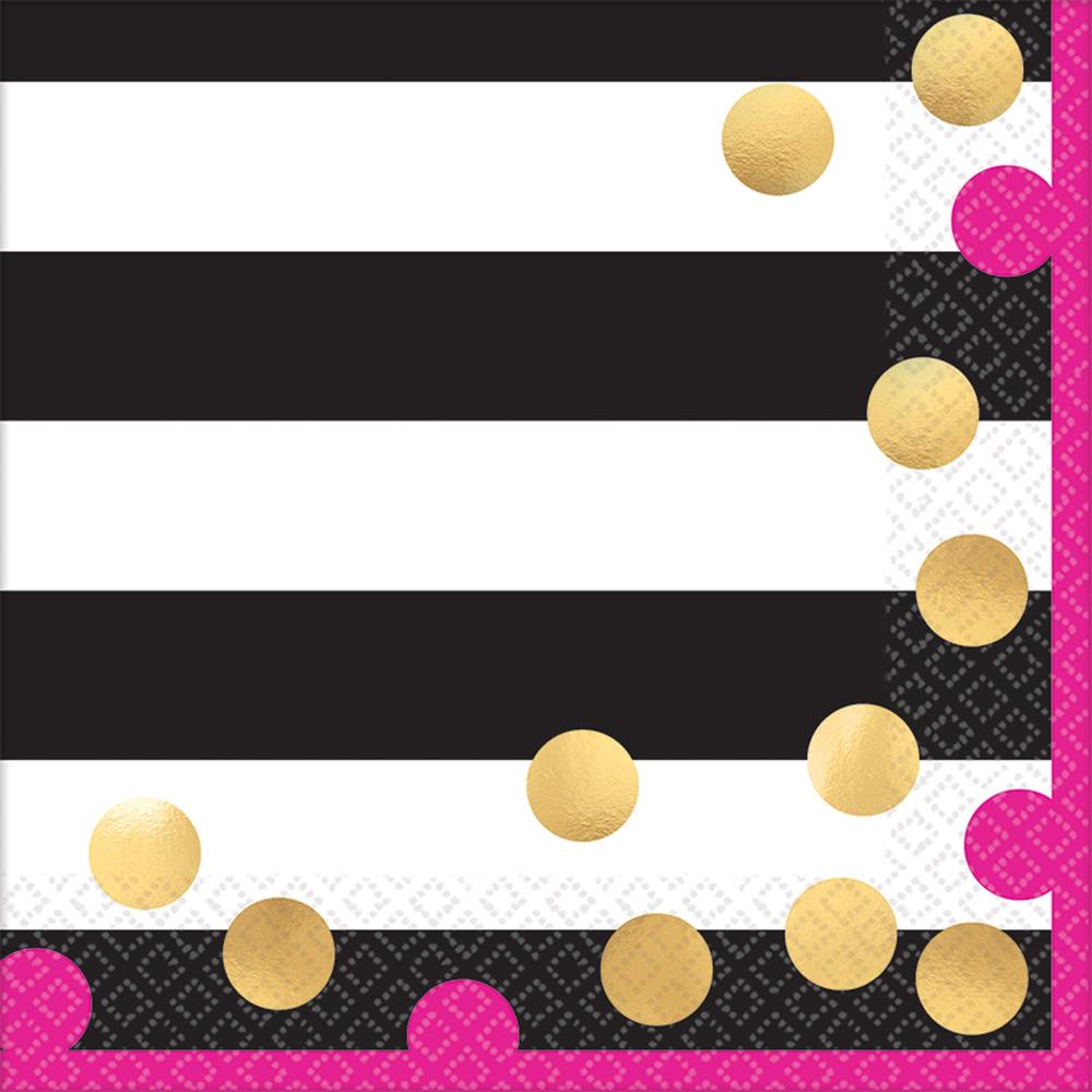 Black and white striped napkin with pink tab and scattered gold confetti design.