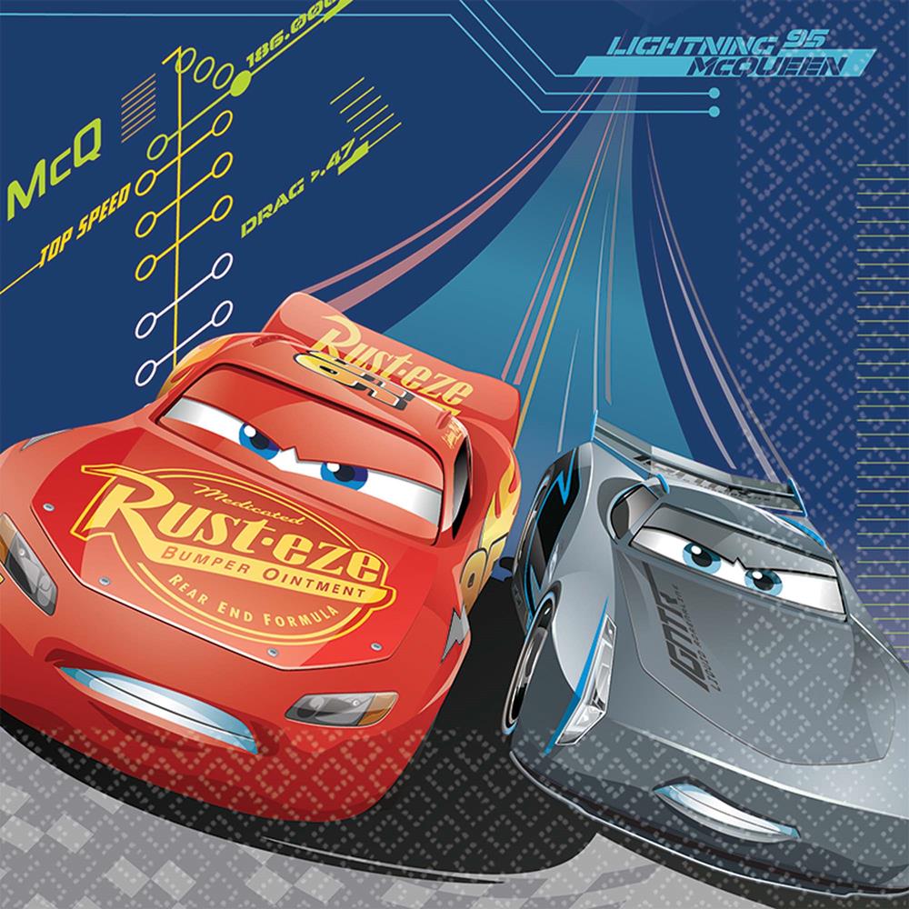 Disney Cars 3 luncheon napkin featuring Lightning McQueen and Jackson Storm racing on checkered background.