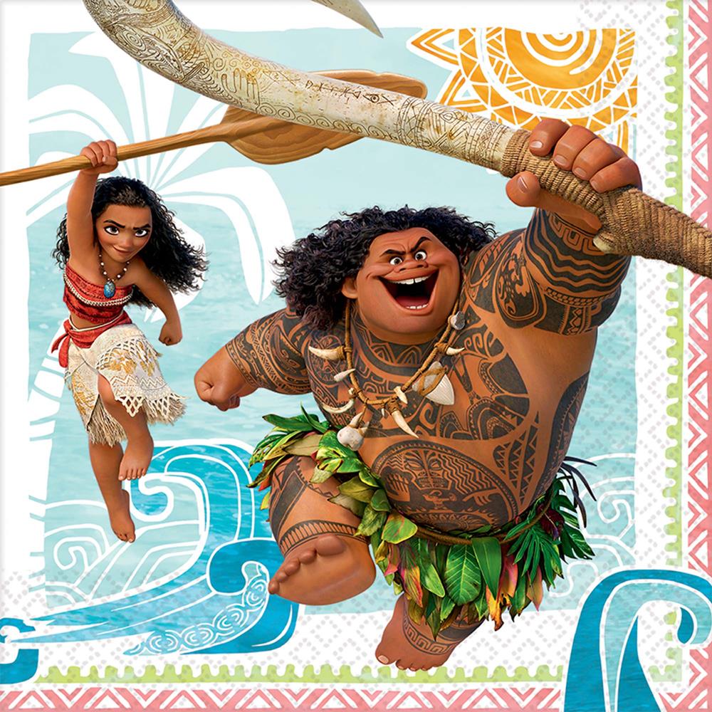 Square luncheon napkin featuring colorful Moana and Maui characters with tropical patterns and ocean waves background.