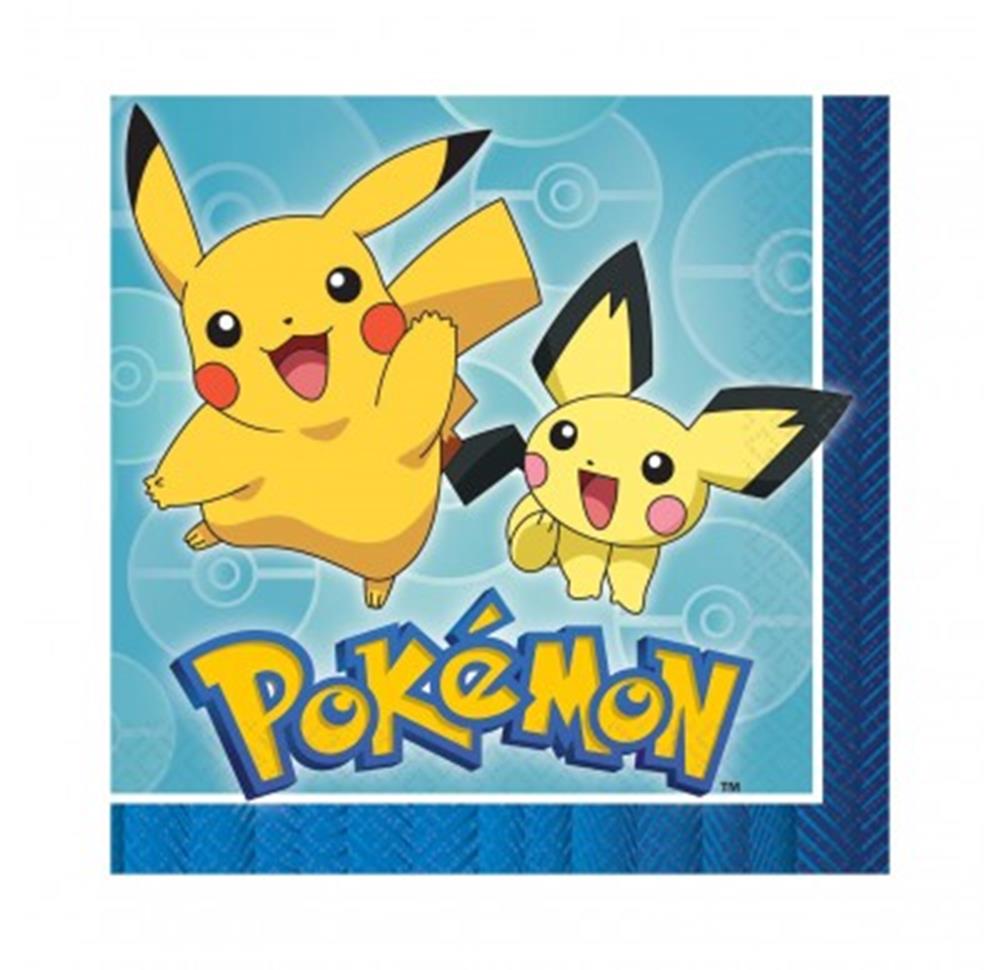 Blue luncheon napkin featuring Pikachu and Pichu with yellow Pokémon logo.