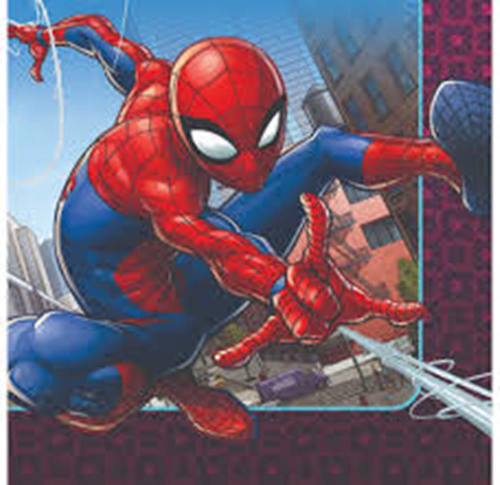 Spiderman in red and blue suit shooting web with cityscape background on luncheon napkin.