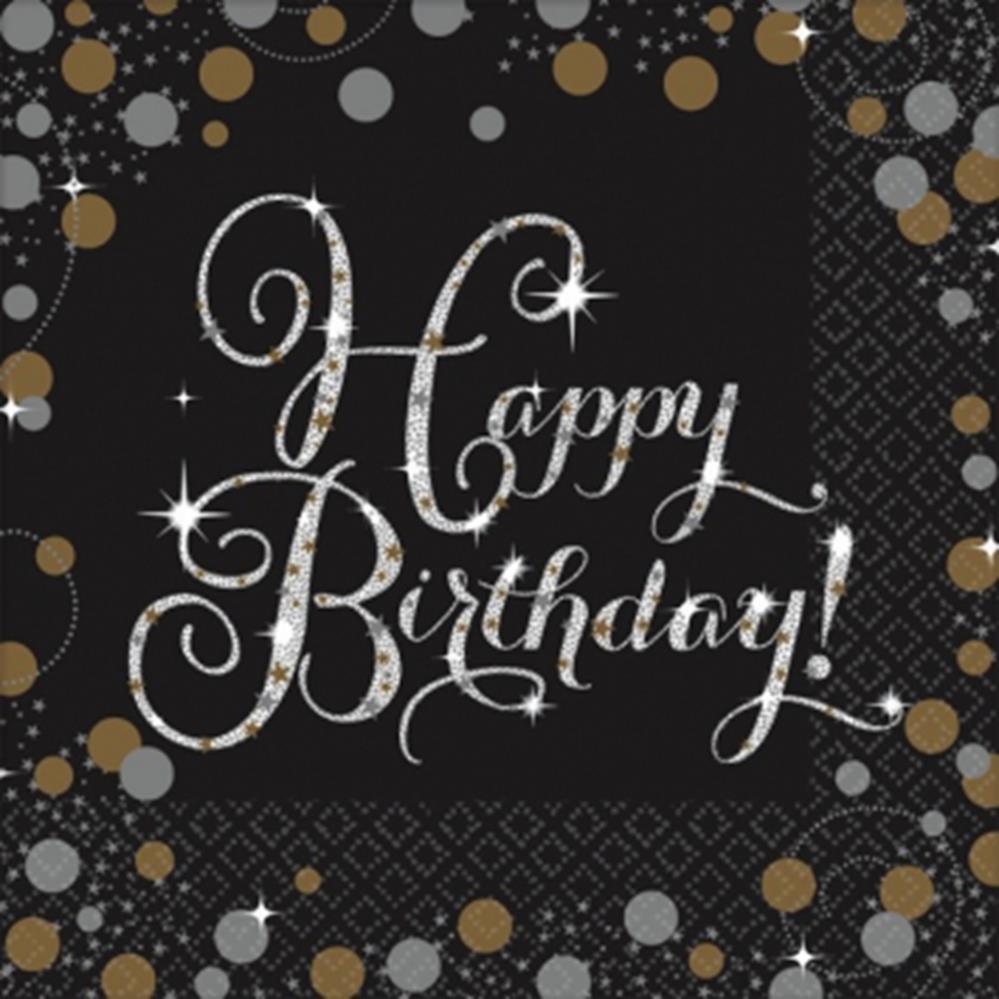 Black luncheon napkins with silver and gold confetti design and sparkling silver "Happy Birthday!" text.