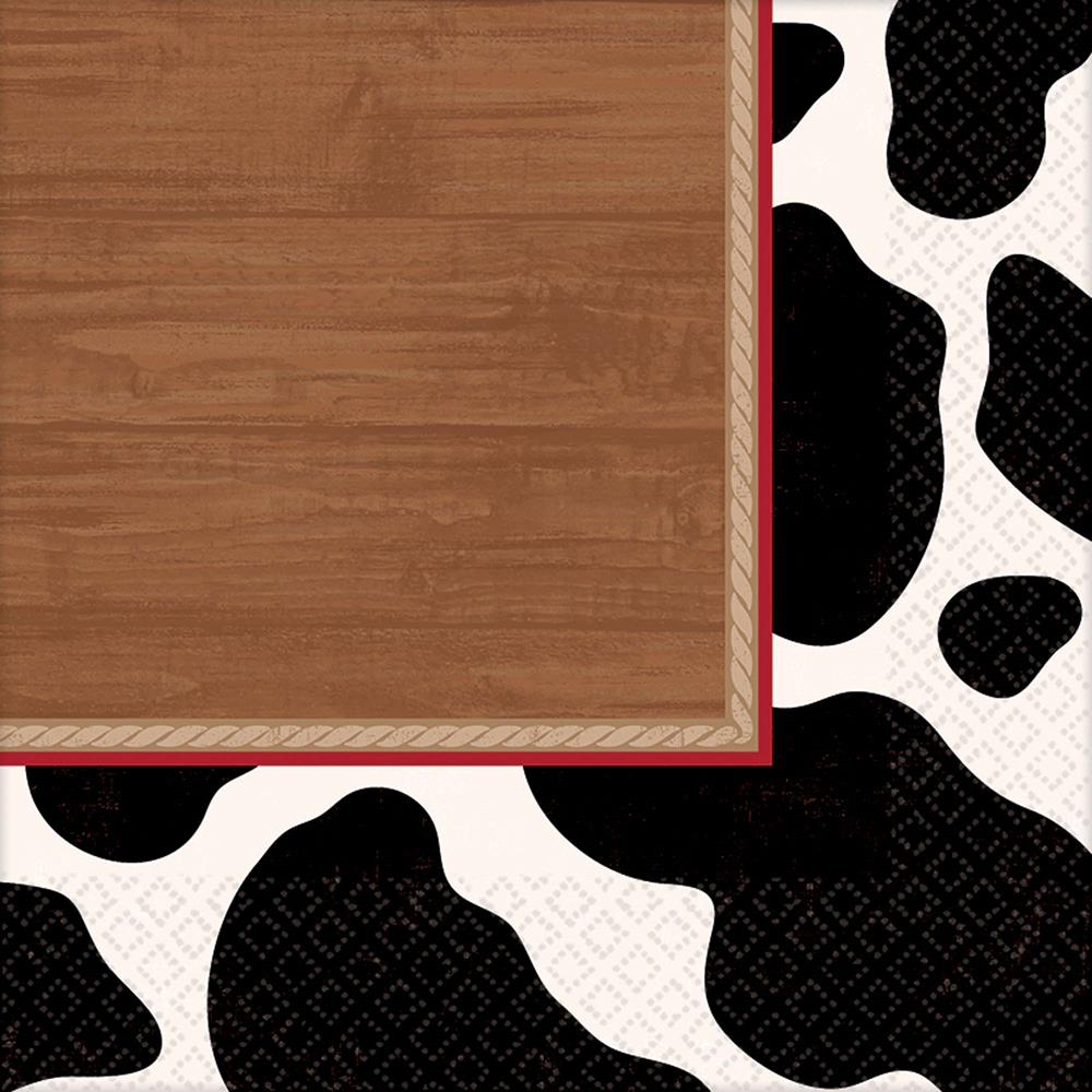 Square luncheon napkins with wood plank center, red rope border, and black-and-white cow print edges.