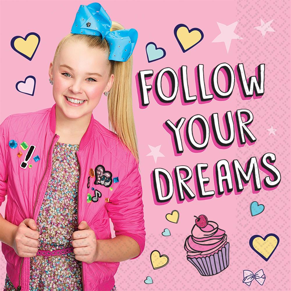 Pink napkin with Jojo Siwa wearing a blue bow and pink jacket, text "Follow Your Dreams," surrounded by hearts, stars, and.