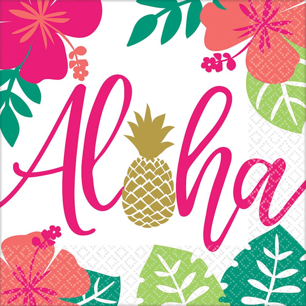 White square luncheon napkin with bright pink "Aloha" text, gold pineapple, and tropical floral and leaf designs.