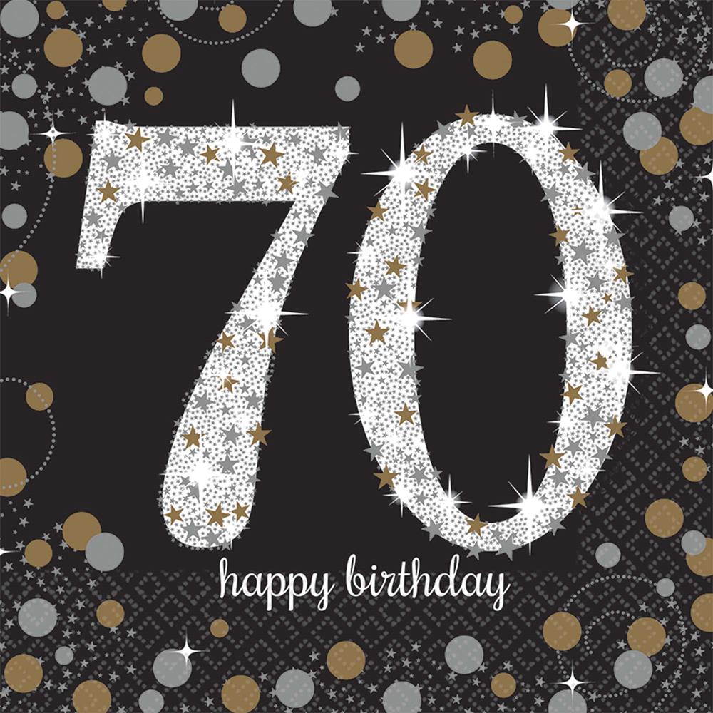 Black luncheon napkin with large glittery silver "70" and white "happy birthday" text surrounded by gold and silver confetti .