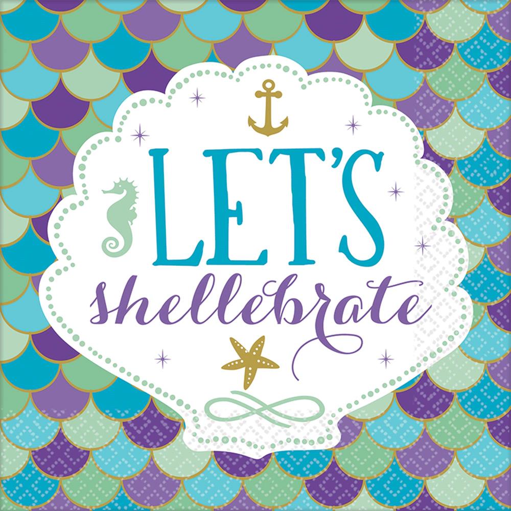 Square napkin with teal, purple, and green mermaid scale pattern, white shell-shaped center reading "Let's shellbrate" in.