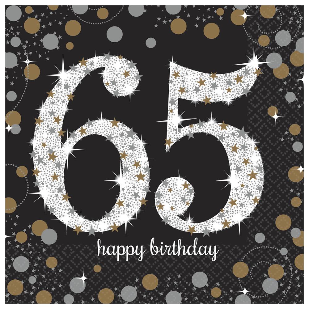 Black napkin with sparkling silver and gold confetti, large glittery "65" and "happy birthday" text.