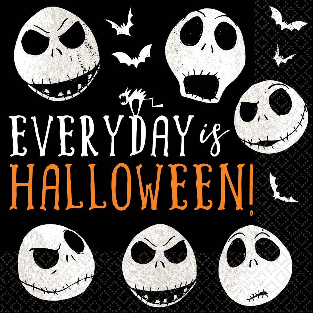 Black luncheon napkins with white skull faces from Nightmare Before Christmas and orange text saying "Everyday is.