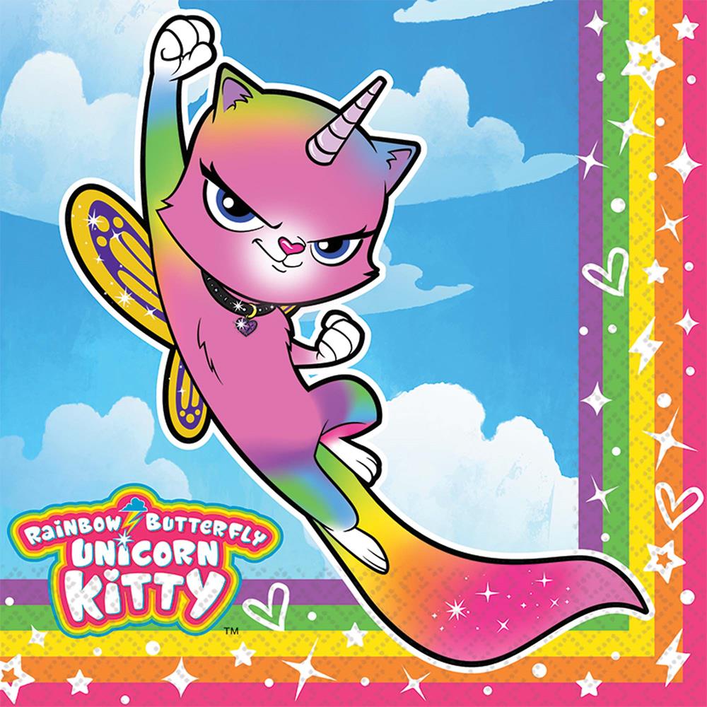 Bright pink kitty with purple unicorn horn and rainbow butterfly wings on blue sky background napkin.