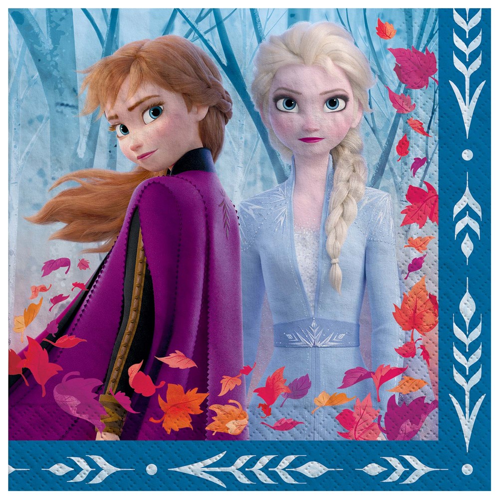 Square luncheon napkin featuring Anna and Elsa from Frozen 2 with blue and purple border and autumn leaves design.