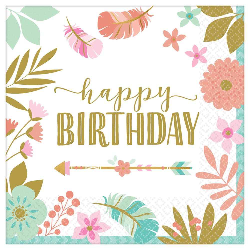 Square white paper napkin with colorful floral and feather border and gold "happy BIRTHDAY" text in center.