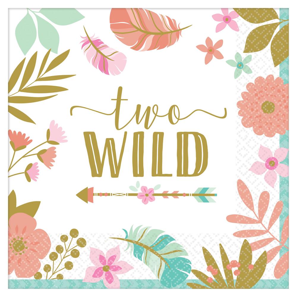 Square paper napkin with pastel floral and feather designs, gold lettering saying "two WILD" and decorative arrow.
