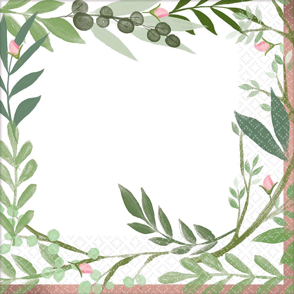 White square luncheon napkin with green leafy border and small pink flower accents.