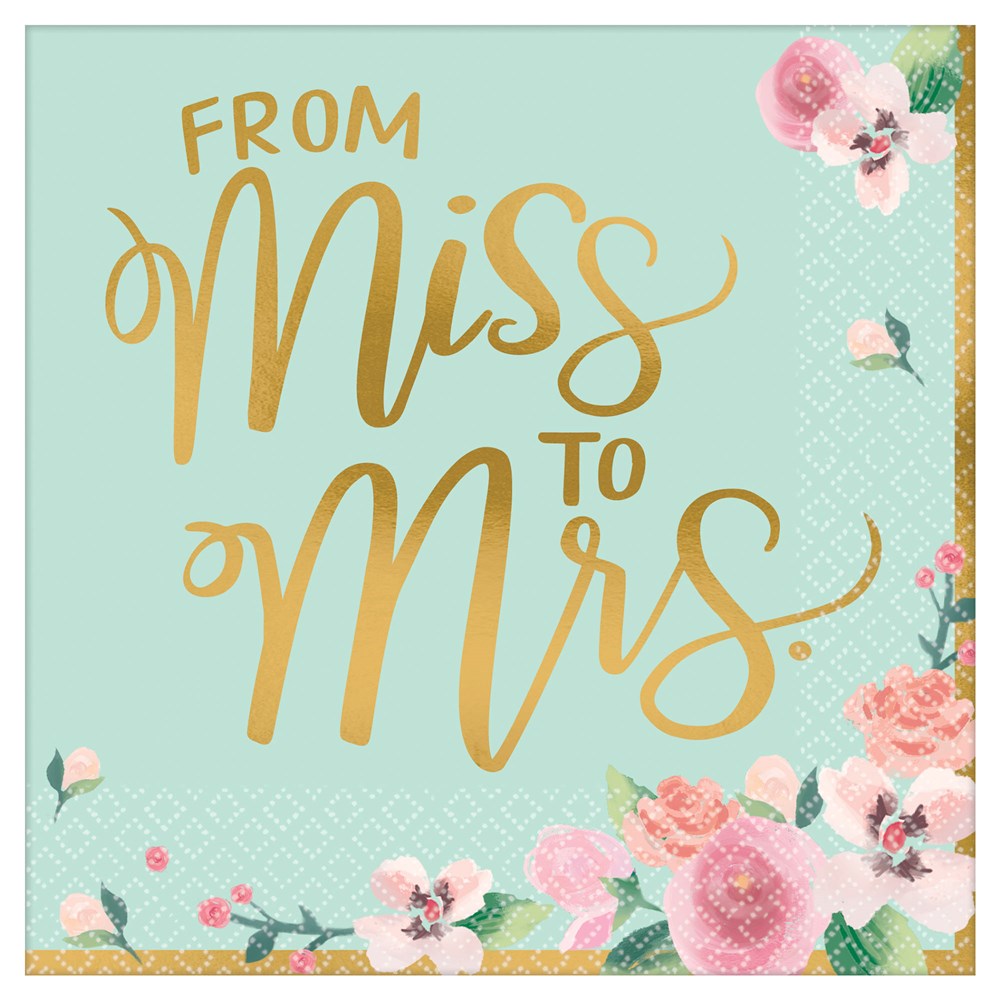 Light teal luncheon napkin with gold foil “From Miss to Mrs” text and pink floral accents.
