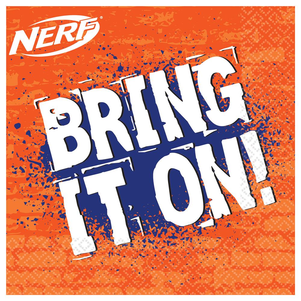 Orange paper napkins with white "Bring It On!" text and blue paint splatter, Nerf logo in white at top left.