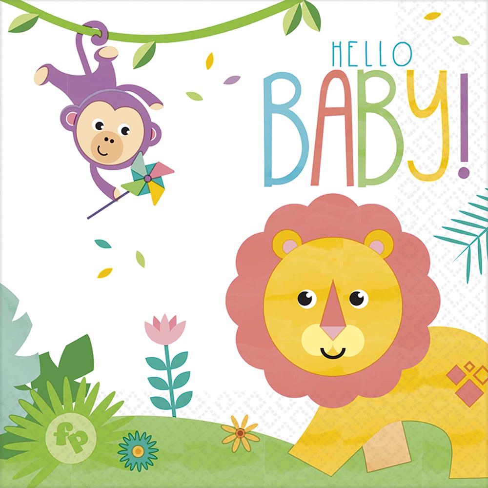 Colorful baby napkin featuring a smiling lion and purple monkey holding a kite with "Hello Baby!" text.