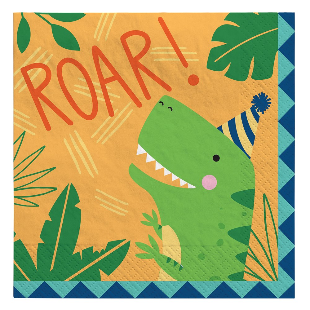 Orange square party napkin with a green dinosaur wearing a blue party hat and the word "ROAR!" in red letters.