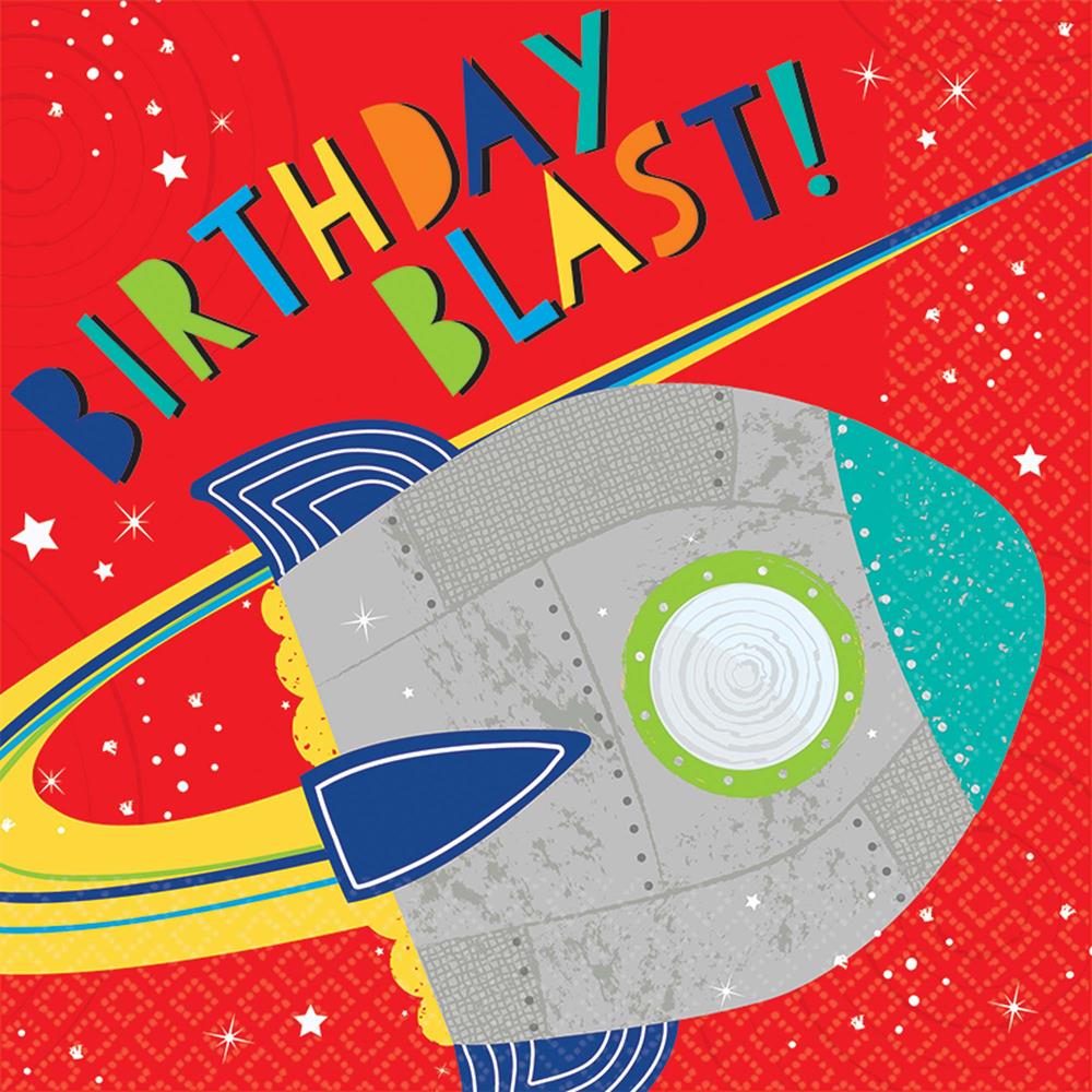 Red square paper napkin with silver and blue rocket ship and colorful "Birthday Blast!" text.