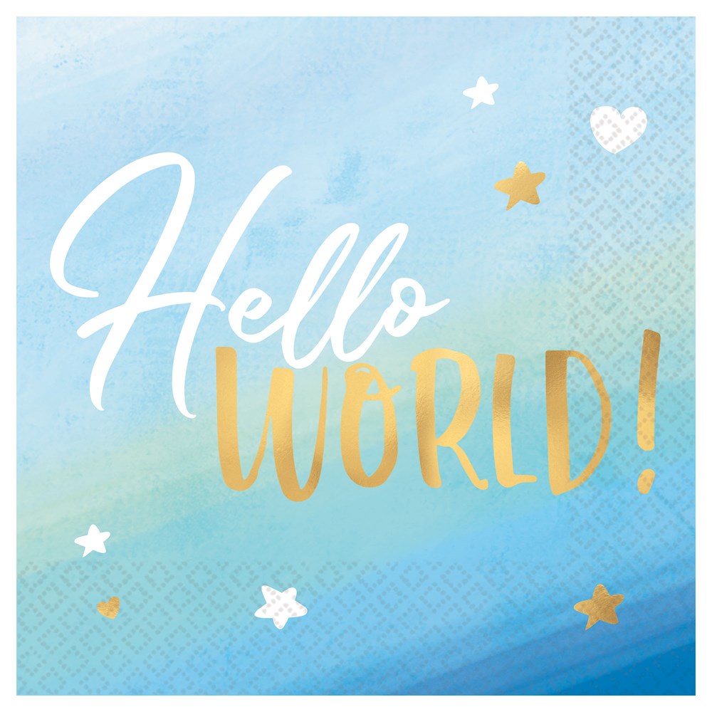 Blue gradient luncheon napkin with white and gold foil "Hello World!" text and small star and heart accents.