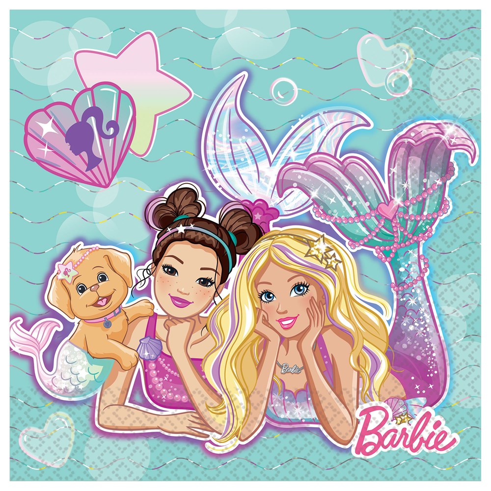Square napkin with Barbie mermaids, pastel seashells, starfish, and pink Barbie logo on aqua background.