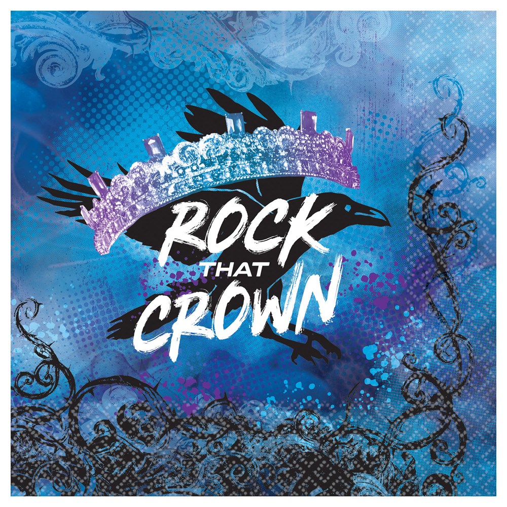 Blue square paper napkin with a silver glitter crown, black feathers, and white "Rock That Crown" text.