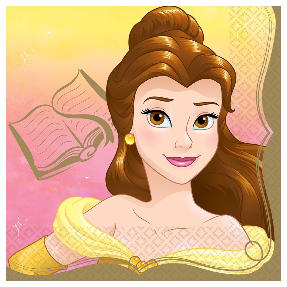 Square paper napkin with a pink and yellow gradient background featuring Disney Princess Belle with brown hair and a book.