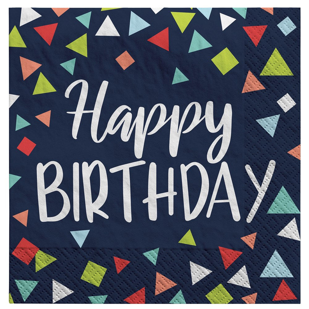 Navy blue birthday napkin with white "Happy Birthday" text and colorful geometric confetti shapes.