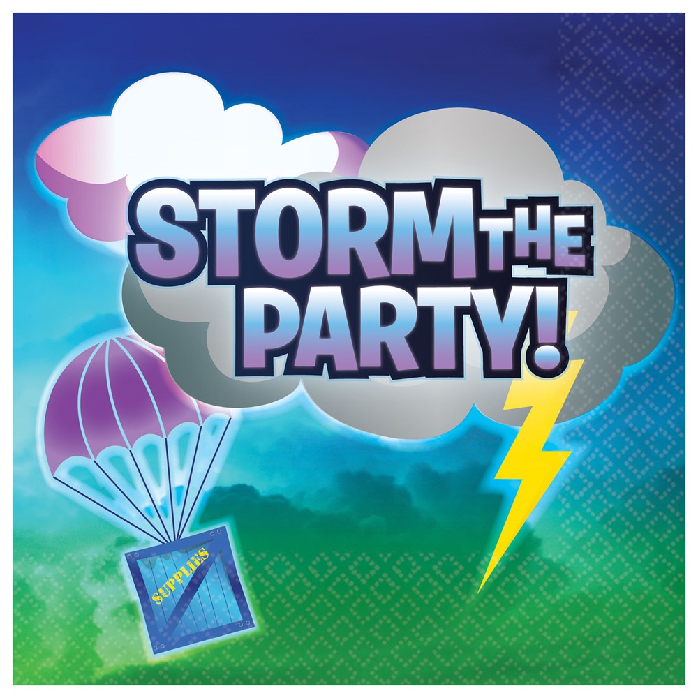 Square napkin with "Storm the Party!" text, parachute, lightning bolt, and cloud design in blue, green, and purple tones.