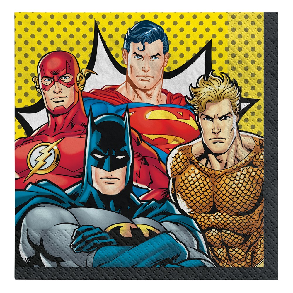 Square yellow luncheon napkins featuring The Flash, Superman, Batman, and Aquaman in colorful superhero costumes.