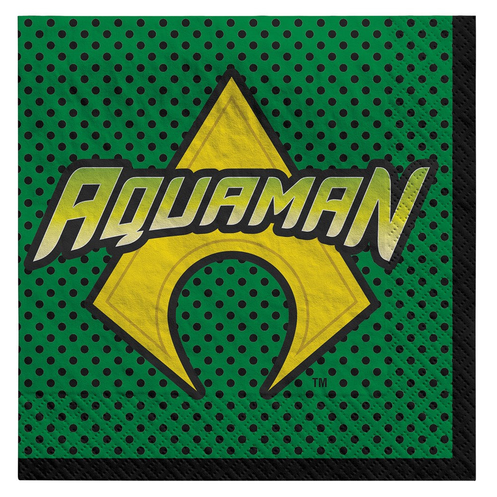 Green square lunch napkin with black polka dots and large yellow Aquaman logo with stylized text.
