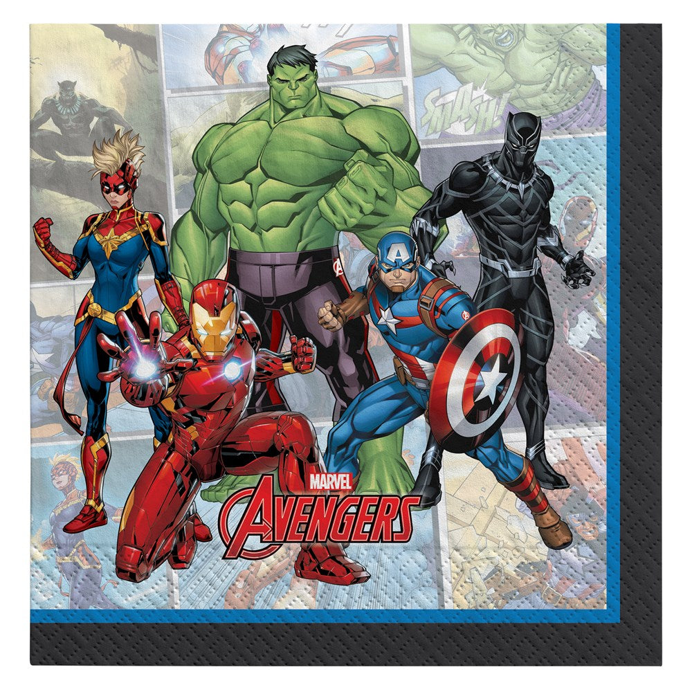 Square lunch napkin with Marvel Avengers characters Captain Marvel, Iron Man, Hulk, Captain America, and Black Panther on a.