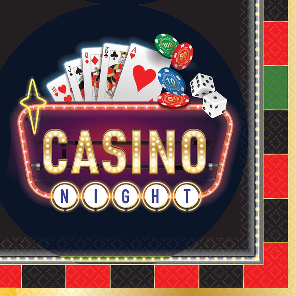 Black luncheon napkins with colorful casino-themed design featuring playing cards, dice, and poker chips above "Casino.