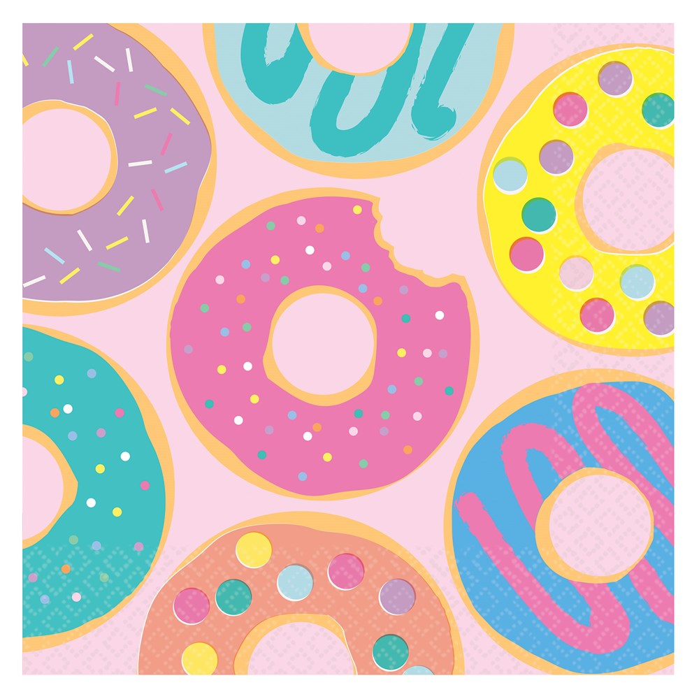 Colorful donut pattern on pastel pink paper napkins with sprinkles and icing details.