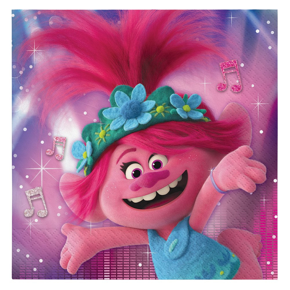 Square luncheon napkin featuring a pink-haired Troll character with blue dress and flower headband on a purple sparkly.