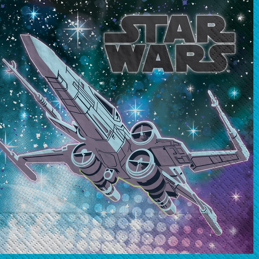 Blue and purple Star Wars luncheon napkin with X-wing starfighter and galaxy background, 16 count.